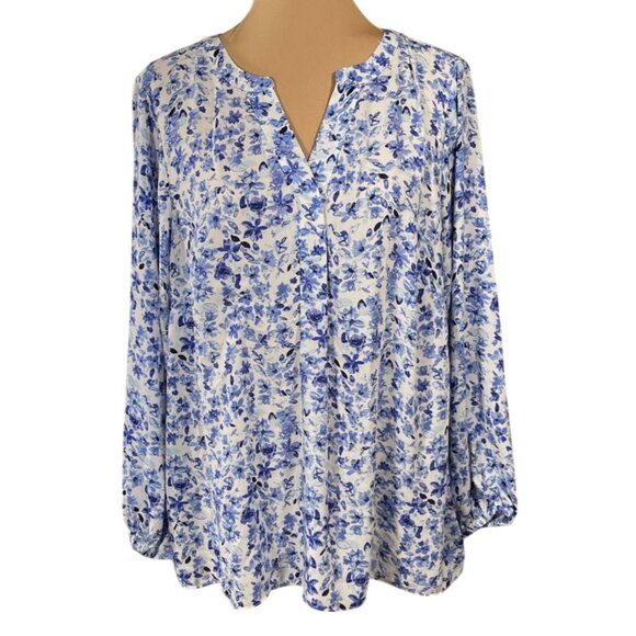 Tahari Tunic Blouse Top Size 1X Blue White Floral V-Neck Flowy - Picture 1 of 7